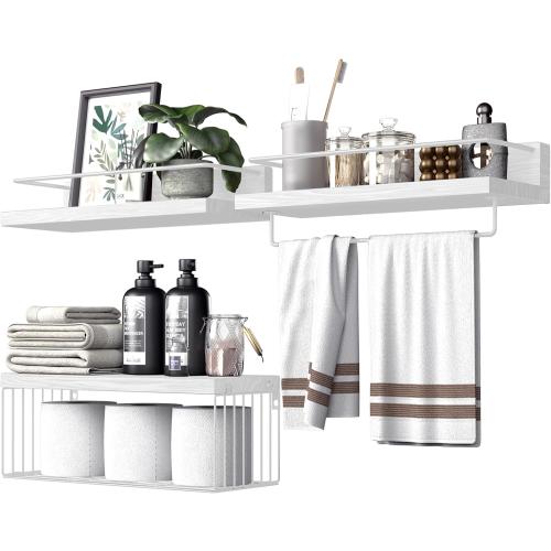 Bathroom Shelves Over Toilet for Wall, Floating Shelves with Storage Basket Paper Holer for Kitchen Living Room, Bedroom & Classroom, Set of 3 (White)