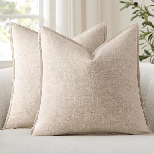 ANRODUO Decorative Linen Euro Pillow Covers 22x22 Natural Beige Pack of 2