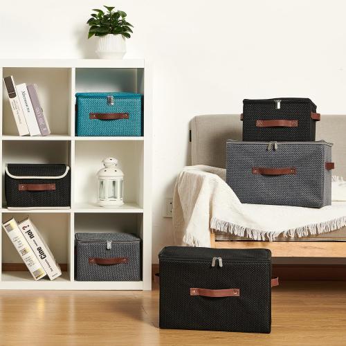 Storage Bins with Lid Fabric Storage Box Basket PU Leather Handle Textured Woven Cotton Linen Decorative Foldable Washable Shelf Closet Organizer Container (Flip-top Lid, Gray, Small)