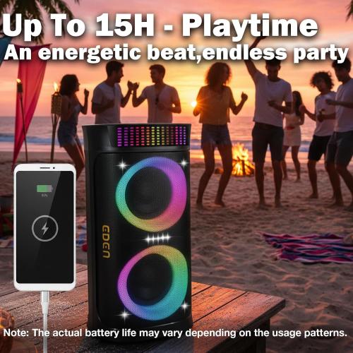 Large Party Speaker with Dual 6.5 Inch Woofers, 200W Peak Powerful Sound, TWS & 6 EQ Modes, Type-C Charging, LED Light Show, Wireless Microphone for Outdoor Parties