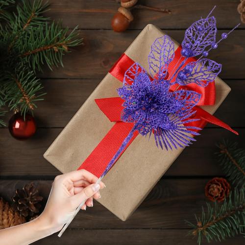24 Pack Christmas Tree Ornaments - Artificial Flowers Glitter Berry Stems Christmas Floral Picks Branches for Xmas Tree Decorations Vase Filler Holiday Wedding Party Home Decor (Purple)