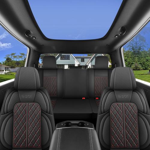 Color Black and Red Car Seat Cover Custom Fit for Ford F150 2009-2024 Faux Leather Seat Cover Set Compatible with Crew Quad Regular Cab Pickup Truck Cushions (Black Redline, Front Seat)