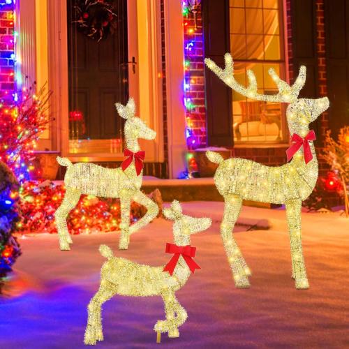 Lighted Christmas Reindeer Decoration, 3 Piece 2D Lighted Christmas Deer Family Set with 8 Lighting Modes, Outdoor Deer Decorations for Yard Patio Lawn Garden Party