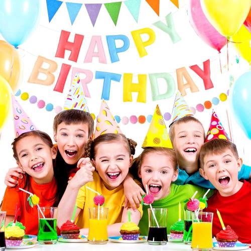 CANREVEL Pre-Strung 3D Happy Birthday Banner, 3 PCS Happy Birthday Felt Garland, Pom Pom Garland, Triangle Fabric Garland Bunting, Reusable Birthday Decorations for Women Men Girls Boys, Pastel
