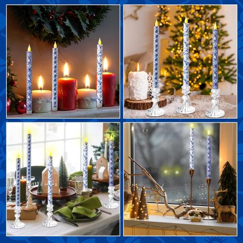 Baquler 6 Pcs Chinoiserie Flameless Candles 10.6 Inch Blue and White Battery Operated Led Candlesticks Chinoiserie Decor Porcelain for Holiday, Wedding, Party Table Centerpiece Home Decor