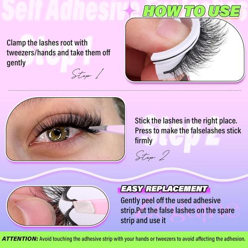Black Natural Self Adhesive Lashes Cat Eye Lashes Wispy Self Adhesive Eyelashes No Glue Needed D-Curly Reusable Natural Strip Lashes Cat Eye False Eyelashes Natural Look by Zegaine
