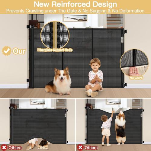 Reinforced 42 Extra Tall Pet Gate 55 Wide Retractable Baby Gate with Support Rods - Retractable Dog Gate Indoor/Outdoor Retractable Gate, Bottom Anti-Escape Tall Dog Gates for Doorways, Black