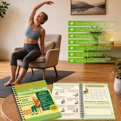 Chair Yoga for Seniors Over 60 Book & Chart – 30-Day Challenge, Gentle Seated Yoga Guide, Chair Yoga for Weight Loss & Flexibility, Senior Chair Exercises for Women & Men, 8.5x11 Book on Chair Yoga