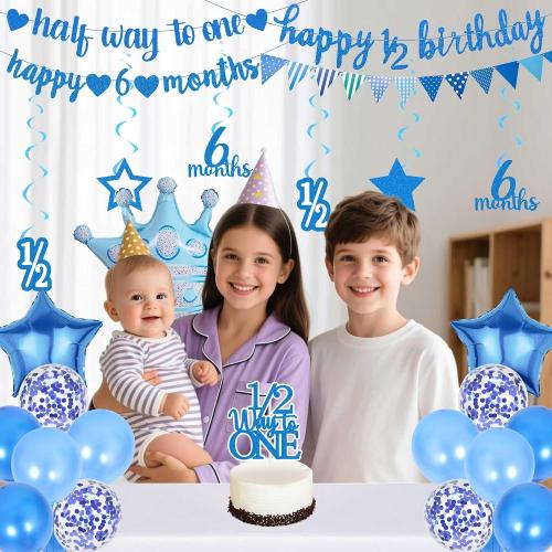 Half Birthday Decorations Banner Supplies - 28 Pcs Blue Happy 1/2 Year Birthday Banner Heart Crown Balloons Pennant Glitter Cake Topper for Baby Boy 6 Months Party Decor
