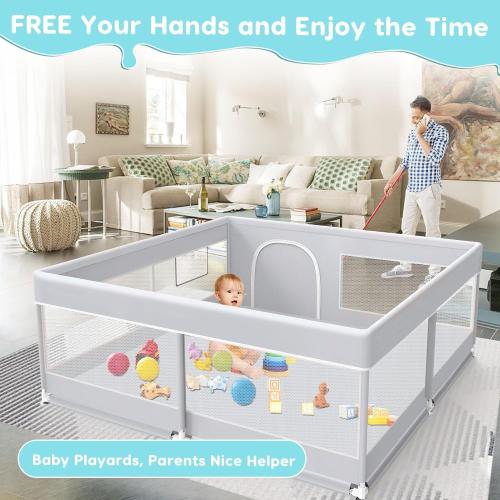 Grey 50*50*27 inches  Baby Playpen, 50x50 Inch Baby Playard for Babies and Toddlers, Play Pens for Indoor & Outdoor, Sturdy Safety Play Yard with Soft Breathable Mesh, Anti-Fall, Grey