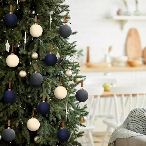 15 Pcs Velvet Christmas Ornaments 2.36 Inch Neutral Shatterproof Plastic Velvet Balls Flocked Ornaments for Christmas Tree Hanging Decorations(Beige, Gray, Dark Blue)