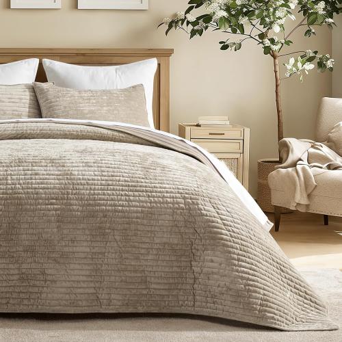 EVERGRACE Velvet Quilt Set King Size, Luxurious Soft Striped Channel Bedding Set, Lightweight Velvet Comforter for All Season, Oversized Bedspread Coverlet with 2 Matching Shams, Beige Taupe