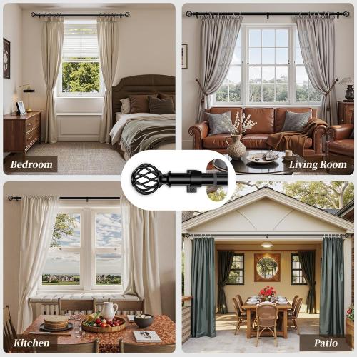 Curtain Rods for Windows 48-90 Inch(4-7.5Ft), Matte Black Decorative Curtain Rod Adjustable, Heavy Duty 1 Inch Drapery Rod for Living Room Bedroom Kitchen