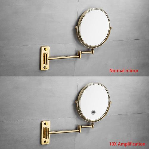 Gold 1x10x Double Sided Magnifying Bathroom Makeup Mirror 360 Degree Swivel Mirror Adjustable Telescopic Arm Wall Mount 8 Inch Non-Illuminated Beauty Mirror Shaving Mirror（Square Base）
