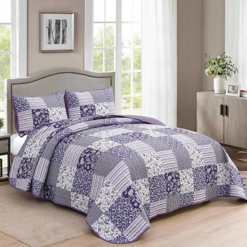 Mybedsoul Purple Quilt Set King Size Quilt Bedding Set Brown Plaid,3 Pieces Floral Patchwork Reversible Bedspread Coverlet Set for All Season,Soft Microfiber Bedding Set King 90x104