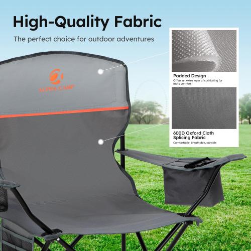 ALPHA CAMP Camping Chairs 350LBS Capacity, Heavy Duty Folding Chair with 4-Can Cooler Bag, Portable Outdoor Chair with Cup Holder for Adults, Collapsible for Tailgating, Beach, Fishing