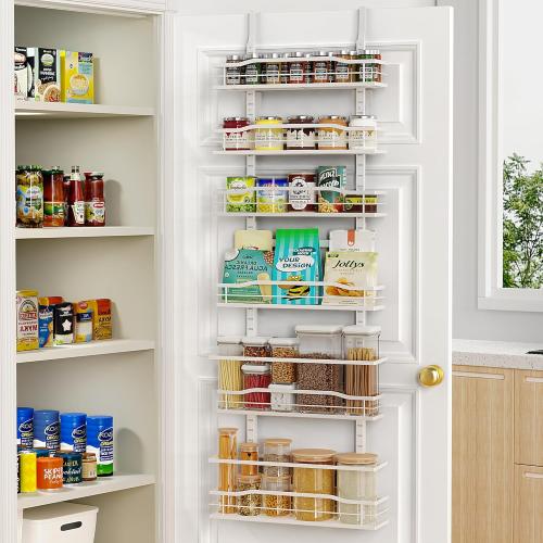Black Moforoco White 6-Tier Over Door Pantry Organizer, Pantry Organization Storage, Door Metal Hanging Spice Rack Basket Shelves, Home Kitchen Apartment Essentials, Laundry Room Bathroom Organization
