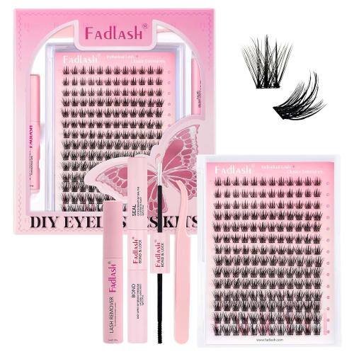 FADLASH Lash Clusters Kit Individual Lash Extensiones Wispy Faux Mink 8-16mm DIY Eyelash Extension Kit Eyelash Clusters Lashes with Bond and Seal and Remover Lash Tweezer for Self Use（AD17-D-8-16)