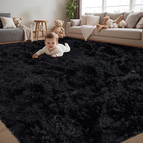Area Rug for Living Room:Ultra Soft Fluffy Shag Black Rugs,Large Fuzzy Plush Indoor Non Slip Carpet Washable Rug for Bedroom Kids Nursery Office Dorm Modern Decor(Black)