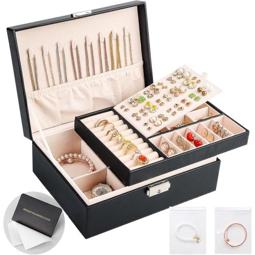 Jewelry Boxes for Women Girls 2 Layers leather Jewelry Organizer Case with Lock Storage Box Removable Tray for Necklace Earring Ring with Polishing Cloth and Jewelry Bags
