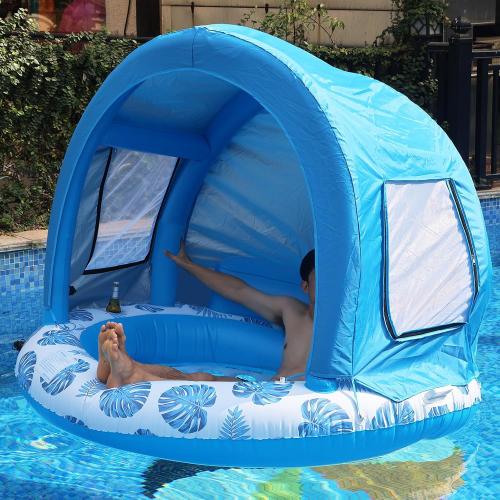 Inflatable Pool Float with Canopy Shade, Extra Large Floating Island, Cup Holder, Tropical Leaf Design