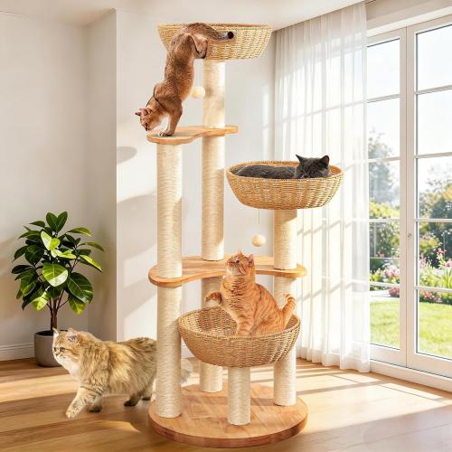 54 Modern Cat Tree Tower for Indoor Cats, Oak Cat Scratching Tree for Multiple Large Cats, Manual Hand Woven Luxury Cat Condo, Unique High-end Design Cat Furniture Activity Centre, Easy Clean