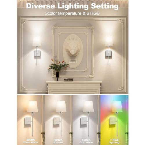 Battery Operated Wall Sconce Set of 2, Rechargeable Wall Lights with 5200 mAh Detachable Bulbs and Fabric Shade, 7 Color Dimmable Sconce Wall Decor for Bedroom, Living Room, Entryway (Silver)