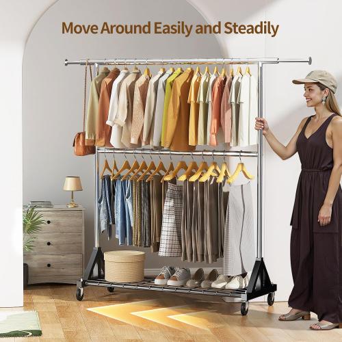 Luxspire Heavy Duty Clothes Rack Load 600 LBS, Double Rod Clothing Rack, Rolling Garment Racks with Lockable Wheels, Shelves, Adjustable Laundry Hanging Racks for Clothes