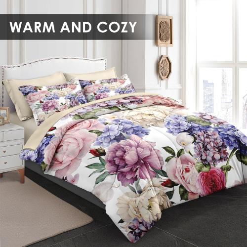 7 Pcs King Size Comforter Set with 2 Pillowcases & 2 Shams, Floral Flower Peony Bedding for Kids and Adults, Botanical Painting Hydrangea Bed in a Bag with Flat Fitted Sheet