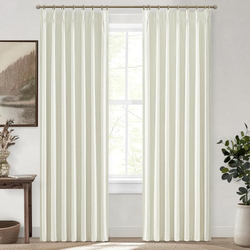Cream White Blackout Drapes 96 Inches Long 2 Panels, Linen Room Darkening Fabric Thick for Bedroom Viral Pinch Pleated Window Curtains 96 Inches Long with Hooks Sound Deadening Insulated Thermal Cute