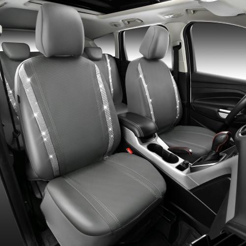 Color Grey CAR PASS Bling Car Seat Covers Full Set, Shining Glitter Rhinestone Diamond Waterproof Faux Leather Interior Sets Universal Fit Automotive Glitter Crystal Sparkle Strips for Cute Women Girl, Gray