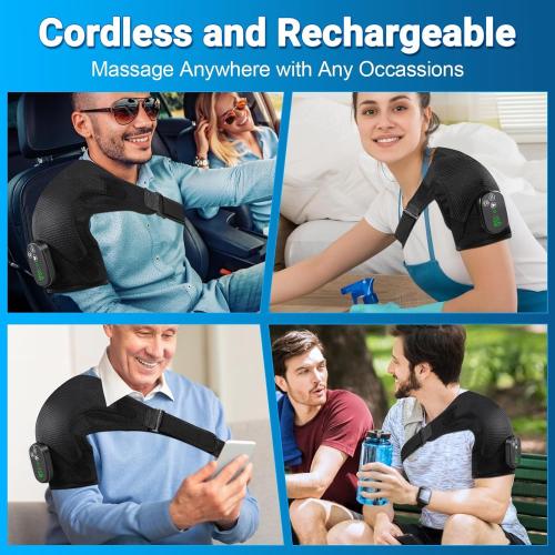 YUANBO Cordless Shoulder Heating Pad with Massager, Portable Shoulder Massager Wrap with 6 Timer & 3 Vibration for Rotator Cuff Frozen Pain Relief with 6 Heat & Timer Modes Warmer Gift for Men Women