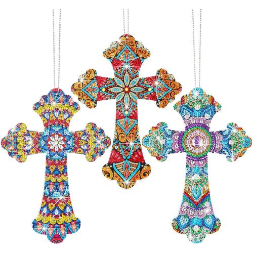 Faccito 3 Pcs Cross Diamond Art Painting Hanging Kit for Adult DIY 5d Crystal by Number Mandala Cross Rhinestone Pendant Acrylic Mosaic Wall Ornament Gift for Easter Religious Christians Woman