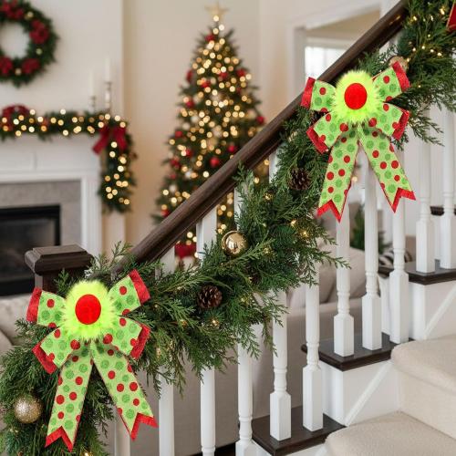 Suncalla 2 Pack Red Green Christmas Bows Decorations 9x13 Large Plush Wreath Bows Ornaments with Green Red Dot for Xmas Tree Home Fence Stairs Fireplace Front Garland Indoor Outdoor Decor