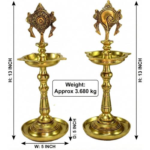 Brass Oil Lamps - Shankh Chakra Narayan Oil Lamp, Diya, Deepam, Brass Lamps Kuthu Vilakku 13 Inches