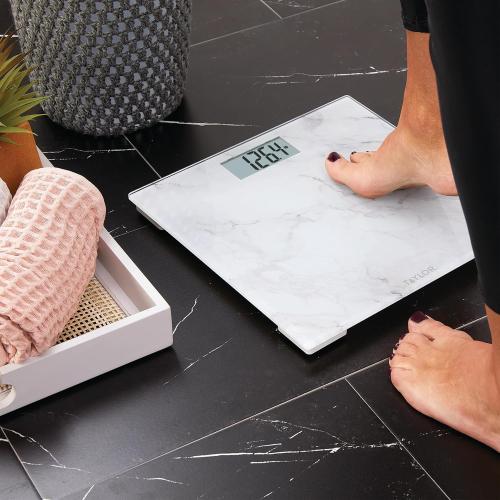 Taylor Digital Glass Marble Bathroom Scale, Scale for Body Weight, Highly Accurate Digital Bathroom Weighing Machine, Battery Powered, FSA HSA Eligible, Measures Weight up to 400 lb Capacity, White