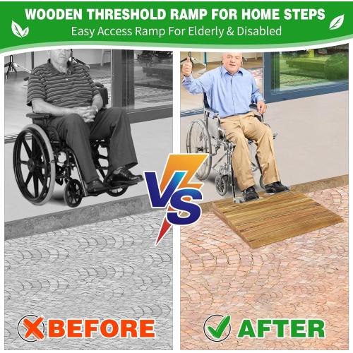 Wooden Threshold Ramp for Home Steps, 7 Rise Doorway Ramp with Non-Slip Grooves, Door Ramp for Wheelchair/Walker/Cart/Scooter, (31.4 W*7.0 H, Solid Pine Wood, 600LBS Capacity)