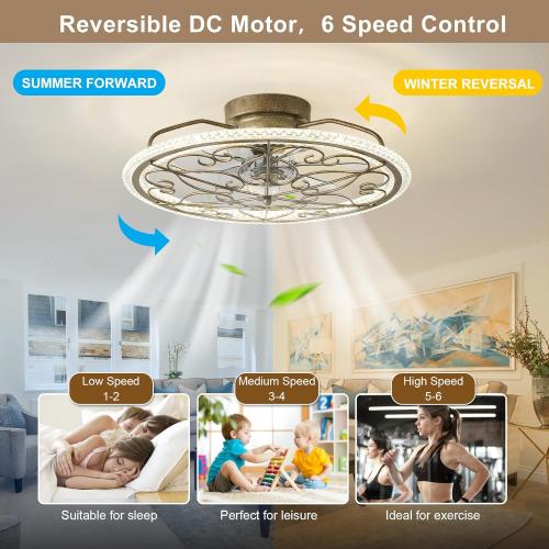 Low Profile Ceiling Fan with Lights 20 Ceiling Fan with Remote Bladeless Ceiling Fan Boho Vintage Flush Mount Ceiling Fan with Light 3 Color Smart LED Dimmable,Handmade Antique Vintage Silver