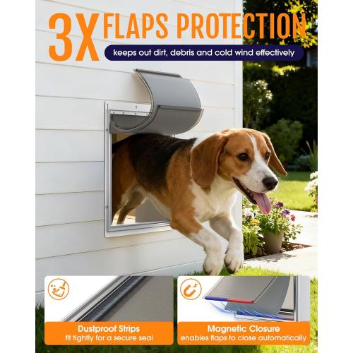 Powools Pet Dog Door for Wall - Robust Steel Pet Door with Magnetic Triple Flaps, 12.6 x 10 Flap Opening, Adjustable Tunnel for 3.4-6 Thick PVC, Wood, Drywall, for Pets Up to 45lb, White