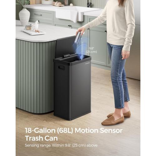 SONGMICS Motion Sensor Trash Can, Gallon Automatic Kitchen Garbage Can with Stay-Open Lid, Soft Close, Stainless Steel, 15 Trash Bags Included, Ink Black ULTB630B68