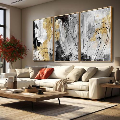 YJYart Gold Wall Art Abstract Wall Art Living Room Decor Black and White Canvas Picture Home Decor Wooden Frame Line Paintings Modern Artwork Office Decor 24x 36x 3 Pieces