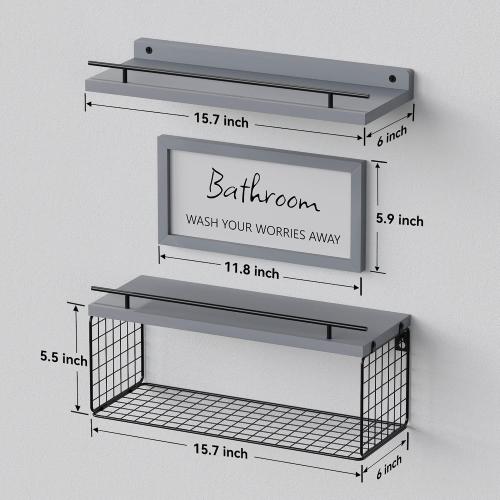 WOPITUES Floating Shelves for Wall Decor Sign, Bathroom Organizers and Storage, Bathroom Shelves Over Toilet with Metal Guardrail-Modern Grey
