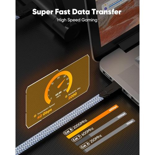 Snowkids Cat 8 Ethernet Cable 10 FT, Braided Heavy Duty High Speed Internet/LAN/Network Cable, 40Gbps 2000Mhz, Indoor and Outdoor Flat Patch Cord RJ45 Connector for Gaming, PC, Modem, Router