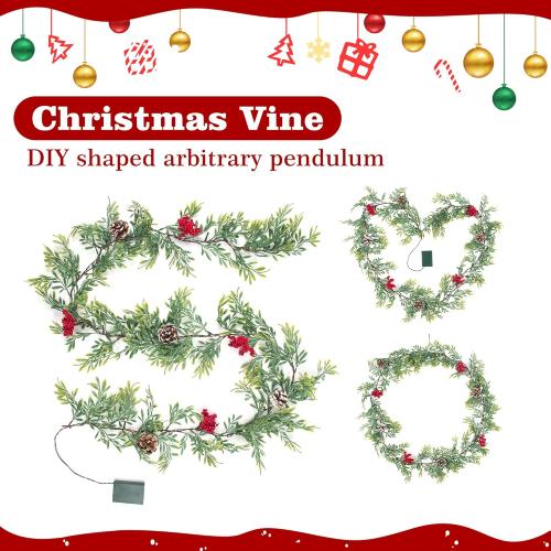 6 FT Artificial Christmas Garland, Faux Cypress Leaf Evergreen Garland with 20 LED Lights, Red Berries and Pinecones, Green-Yellow Leaves, Timer, Perfect for Indoor Outdoor Window Mantel