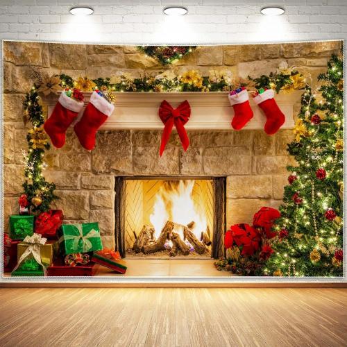 10x8ft Christmas Fireplace Theme Backdrop for Photography | PolyesFabric-Tree Sock Decorations,Xmas Party Supplies,Studio Decor Booth Props,Photo Background Pictures,Wrinkle Free