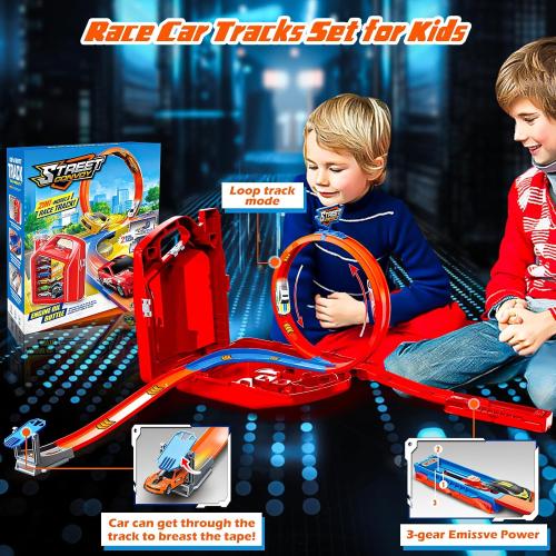 Race Track Toy Car Set with 2 Race Cars,2 in 1 Car Tracks Style with Storage Box,Changeable Tracks Toys Birthday Gifts for Kids 3 4 5 6 7 8 Year Old Boys Girls (Red)