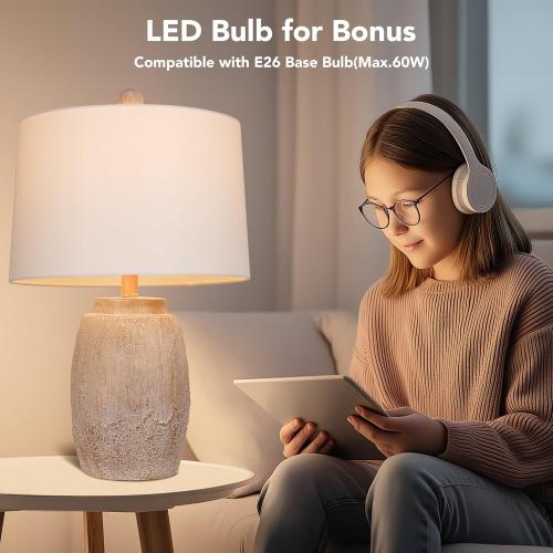 QiMH Farmhouse Table Lamps for Living Room, Bedside Lamps for NightStand, 23 Rustic Vintage Table Lamp with Natural Earth Finish, End Table Lamp for Bedroom Reading Office Entryway, Included LED Bulb