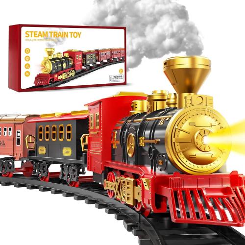 Train Set for Kids 3-5 4-7, Classic Electric Train Toys Set with Locomotive Engine, Lights & Sound Spray, Tracks for Christmas Tree, Toy Train Set for 3 4 5 6 Years Old Kids Boys Girls