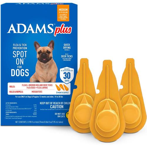 Adams Plus Flea & Tick Prevention Spot On for Dogs 15-30 Pounds, 12 Weeks & Older, 3-Month Supply, Kills Fleas, Flea Eggs, Flea Larvae & Brown Dog & Deer Ticks, Kills & Repels Mosquitoes For 30 Days