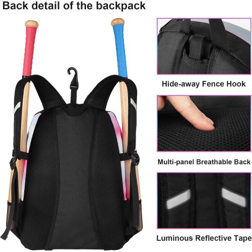 MATEIN Softball Bag, Lightweight Baseball Backpack with Shoe Compartment, Baseball Bag with Fence Hook for TBall Bat & Equipment, Softball Gifts Catchers Backpack for Women Fit Batting Glove, Helmet